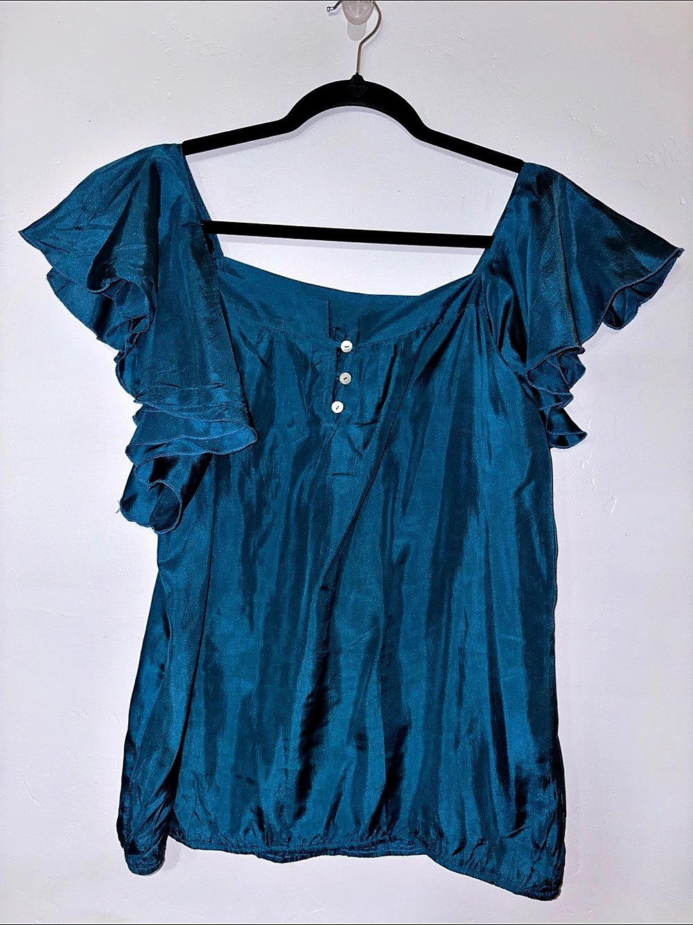 Gibson 100% Silk Teal Blue Flutter Sleeve Ruffle Blouse Women’s M